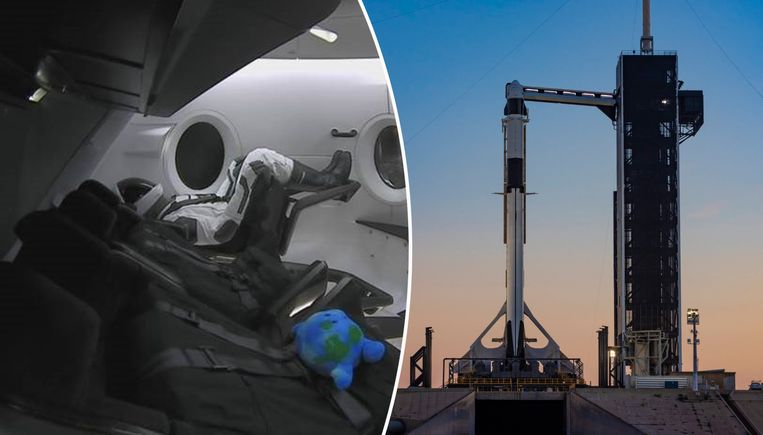De Crew Dragon vertrekt op hetzelfde lanceringsplatform als de legendarische Appolovluchten naar de maan. Links Ripley, die klaarzit voor vertrek. Naast haar een toestel dat de zwaartekracht registreert, zo meldt Elon Musk op Twitter.