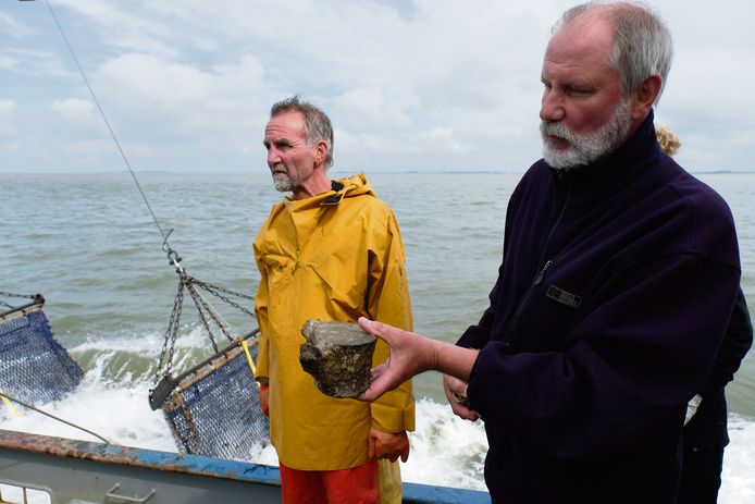 Erik van der Doe (rechts) tijdens een tocht van Kor en Bot waarbij vissers helpen met het zoeken naar fossielen in de Oosterschelde.