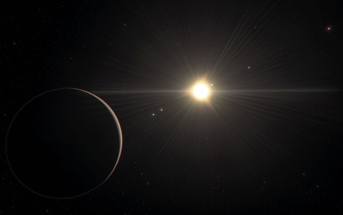 Impressie van het uitzicht vanaf de planeet in het TOI-178-systeem dat het verst van de ster verwijderd is.