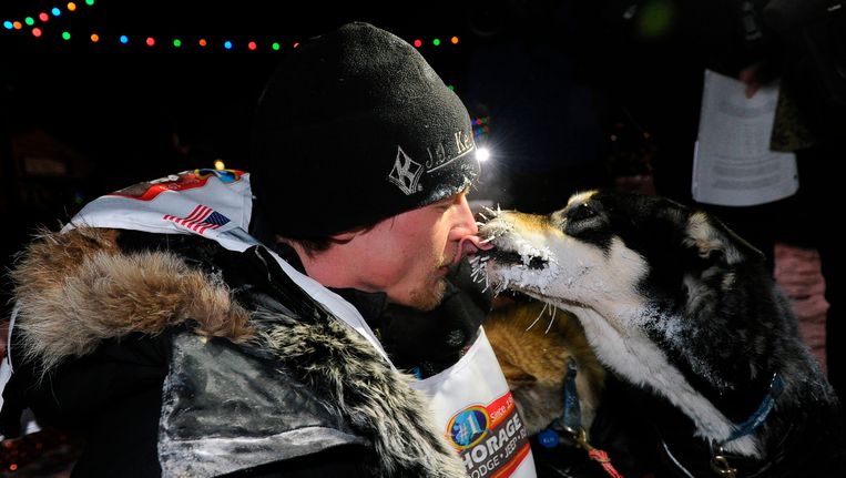 Dallas Seavey kust een van zijn honden na het winnen van de loodzware Iditarod, editie 2014.