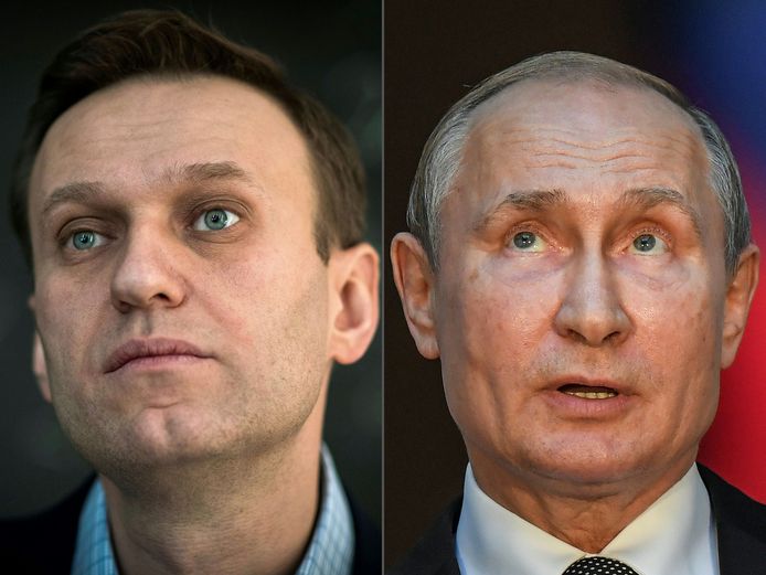 De Russische oppositieleider Aleksej Navalny (l) en de Russische president Poetin.