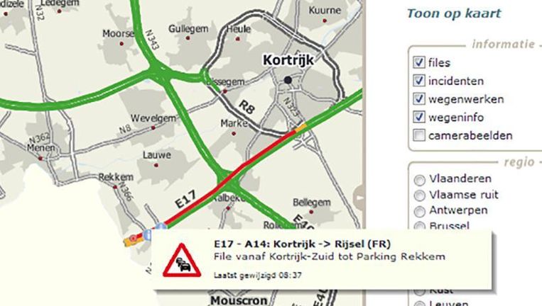 wegeninformatie belgie kaart 10 kilometer file aan grensovergang met Frankrijk in Rekkem 