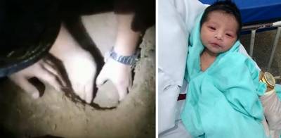 Begraven baby na zeven uur levend onder het zand vandaan gehaald