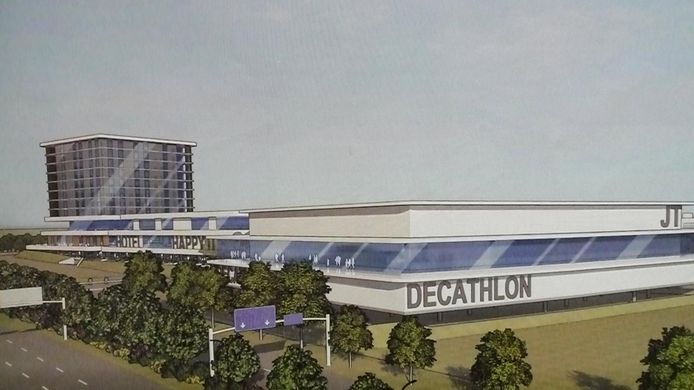 Schetsontwerp van het megacomplex aan de A1 bij Vathorst, waarin onder meer een Decathlon voorzien was.