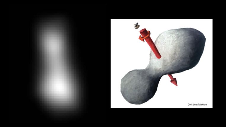 Links de eerste foto van Ultima Thule, rechts een artistieke impressie ervan.