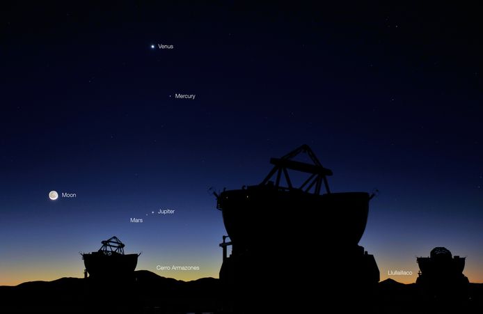 Conjunctie van Mars en Jupiter in de ochtend van 1 mei 2011, gefotografeerd vanaf de Cerro Paranal in het noorden van Chili, een berg waarop verschillende reuzentelescopen staan.