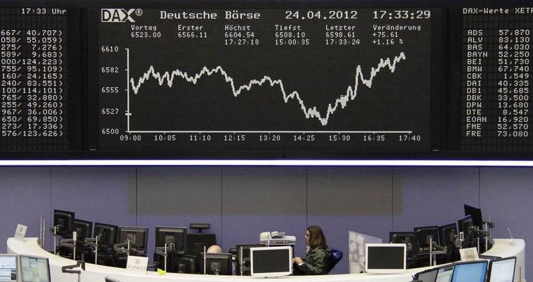 De Duitse beurs in Frankfurt (DAX) aan het einde van de handelsdag. Beeld reuters