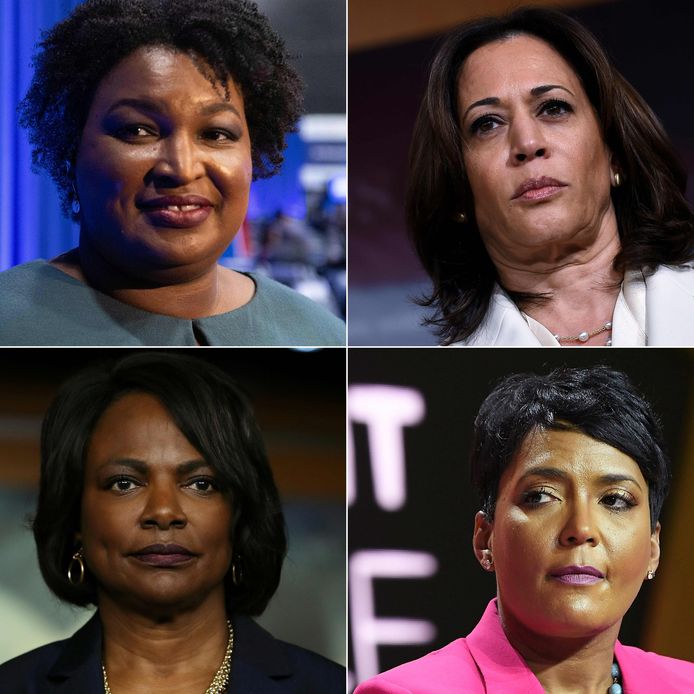 De haut en bas et de gauche à droite: Stacey Abrams,  Kamala Harris, Val Demings et Keisha Lance.