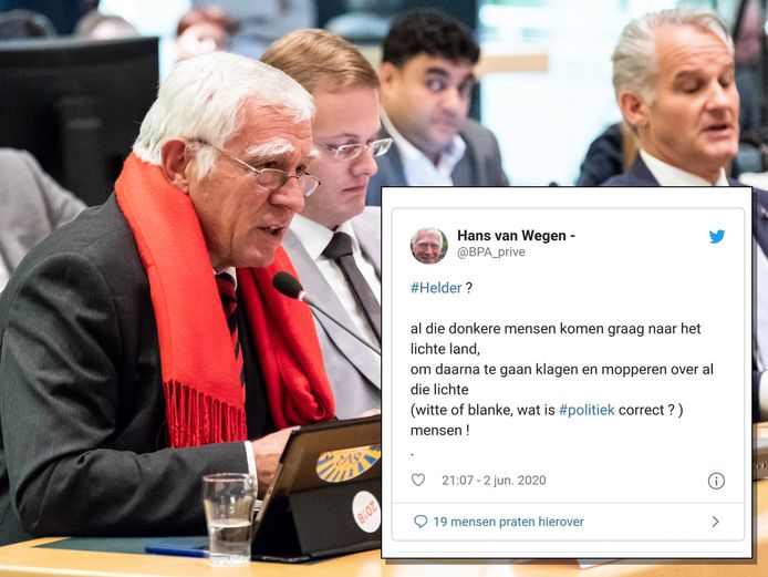 Hans van Wegen (links) met de gewraakte tweet die hij dinsdagavond de wereld in stuurde.