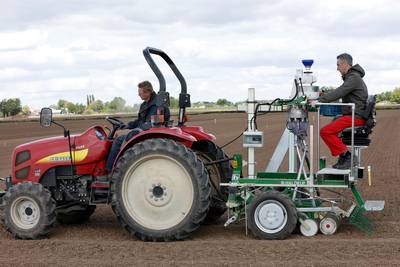 Op deze akker in de Betuwe wordt biologisch beschermingsmiddel getest, en dat is uiterst secuur werk