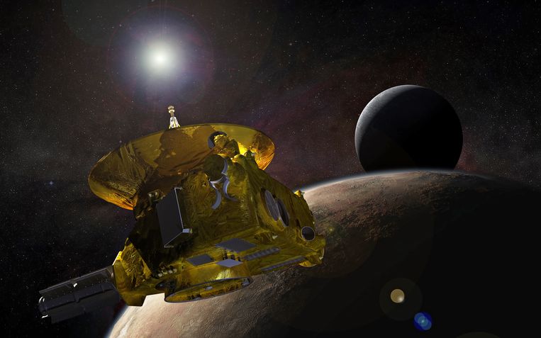 Een NASA-illustratie van de ruimtesonde New Horizons, die al jaren door de buitenste gebieden van ons zonnestelsel vliegt. Na Pluto in 2015, komt hij op Nieuwjaarsdag bij zijn volgende bestemming: de ruimterots Ultima Thule.