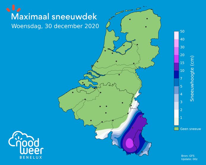 Totale sneeuwhoogte na het weekend