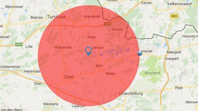 De 15 kilometer-grens rondom de nucleaire zone, die een klein gedeelte van Nederland beslaat