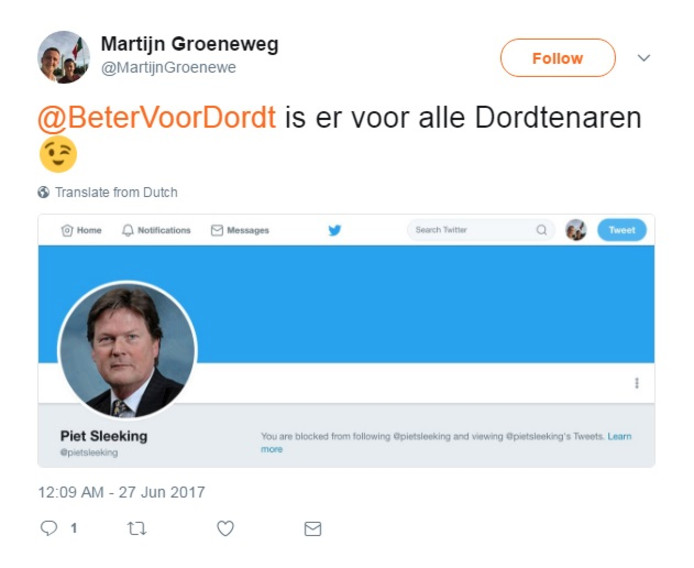 Wethouder Piet Sleeking heeft raadslid Martijn Groeneweg van Beter voor Dordt geblokkeerd op Twitter.