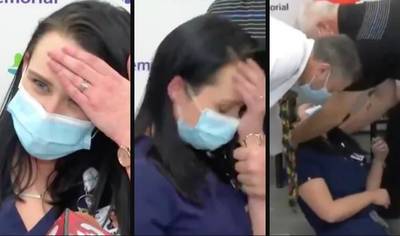 Verpleegster spreekt pers toe nadat ze coronavaccin krijgt, maar valt dan flauw voor de camera's