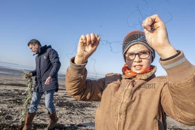 Emmers vol vispluis komen van het strandje bij Ouwerkerk